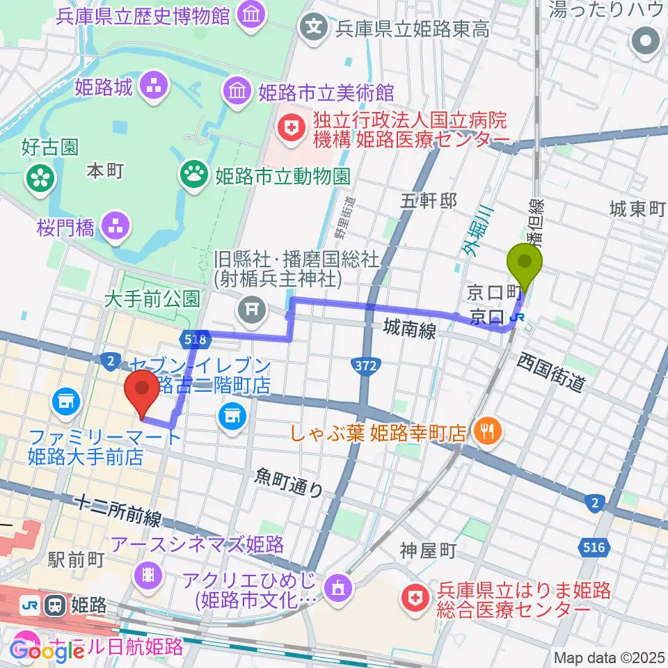 京口駅から文化堂 姫路本店へのルートマップ地図