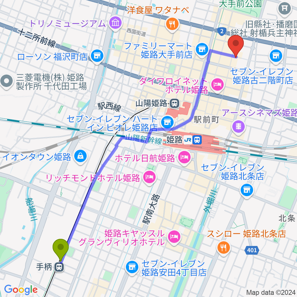 手柄駅から文化堂 姫路本店へのルートマップ地図