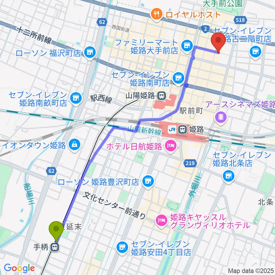 手柄駅から文化堂 姫路本店へのルートマップ地図