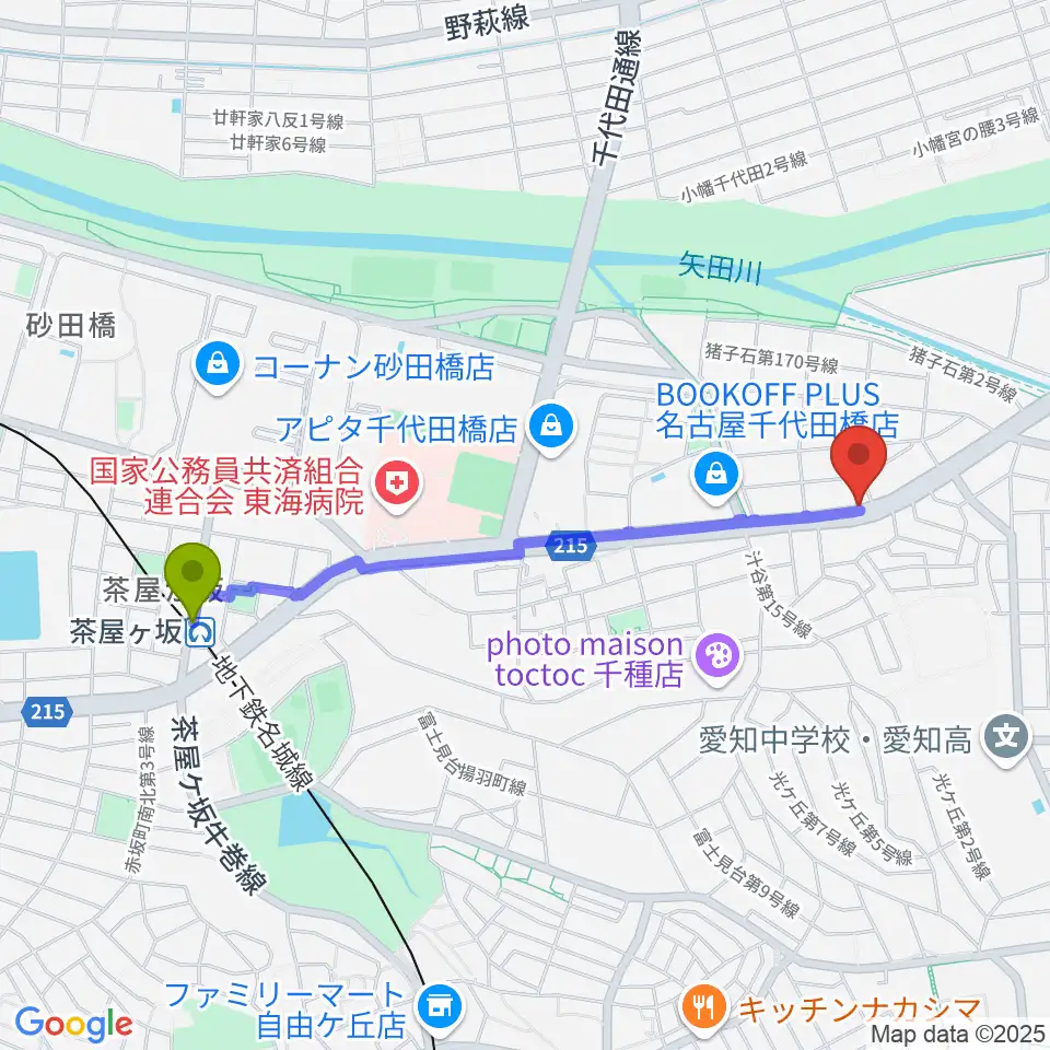 ギターショップ デュースの最寄駅茶屋ヶ坂駅からの徒歩ルート（約20分）地図