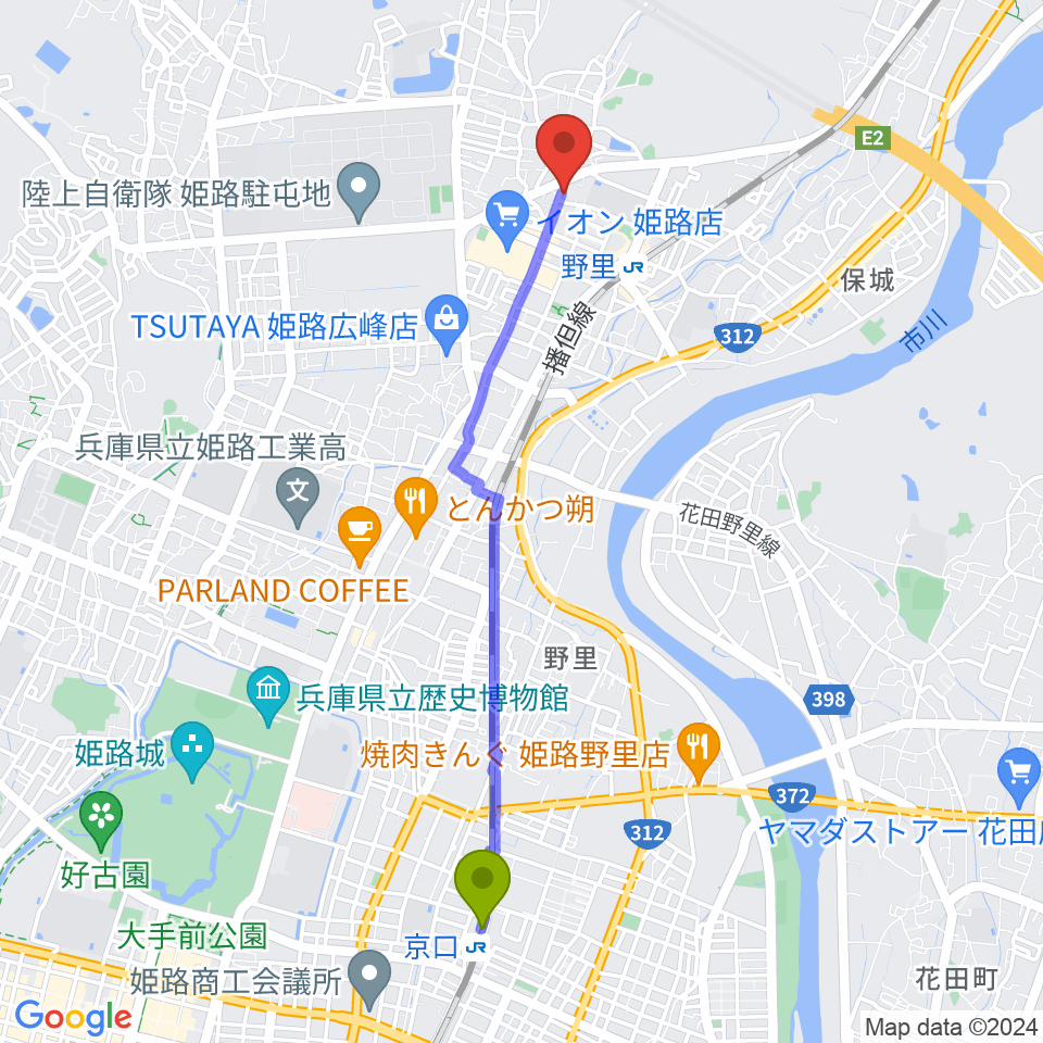 京口駅から文化堂 北姫路センターへのルートマップ地図