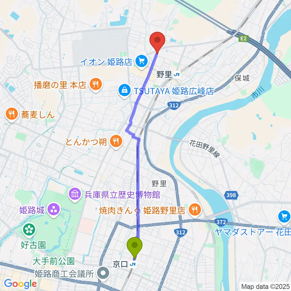 京口駅から文化堂 北姫路センターへのルートマップ地図