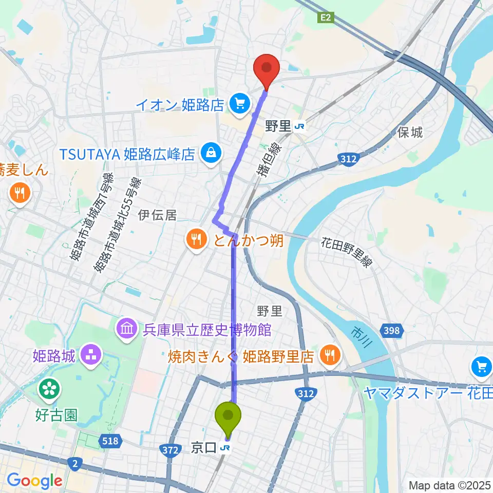 京口駅から文化堂 北姫路センターへのルートマップ地図