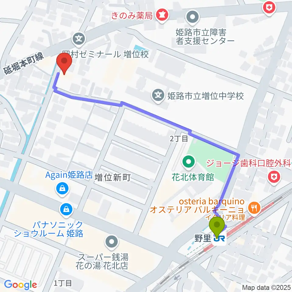 文化堂 北姫路センターの最寄駅野里駅からの徒歩ルート（約6分）地図