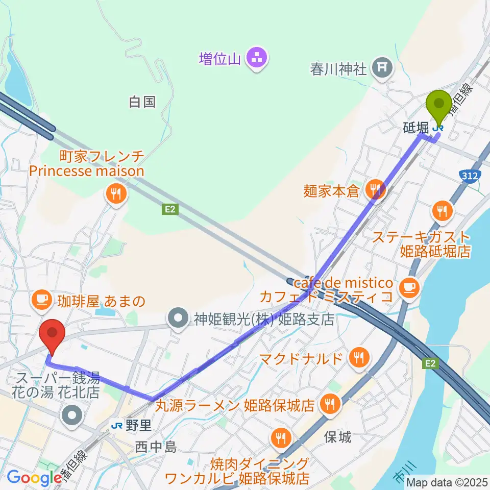 砥堀駅から文化堂 北姫路センターへのルートマップ地図