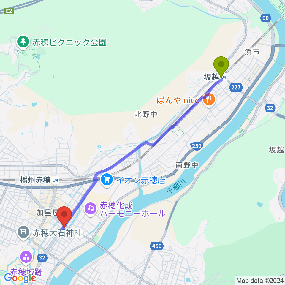 坂越駅から文化堂 赤穂センターへのルートマップ地図