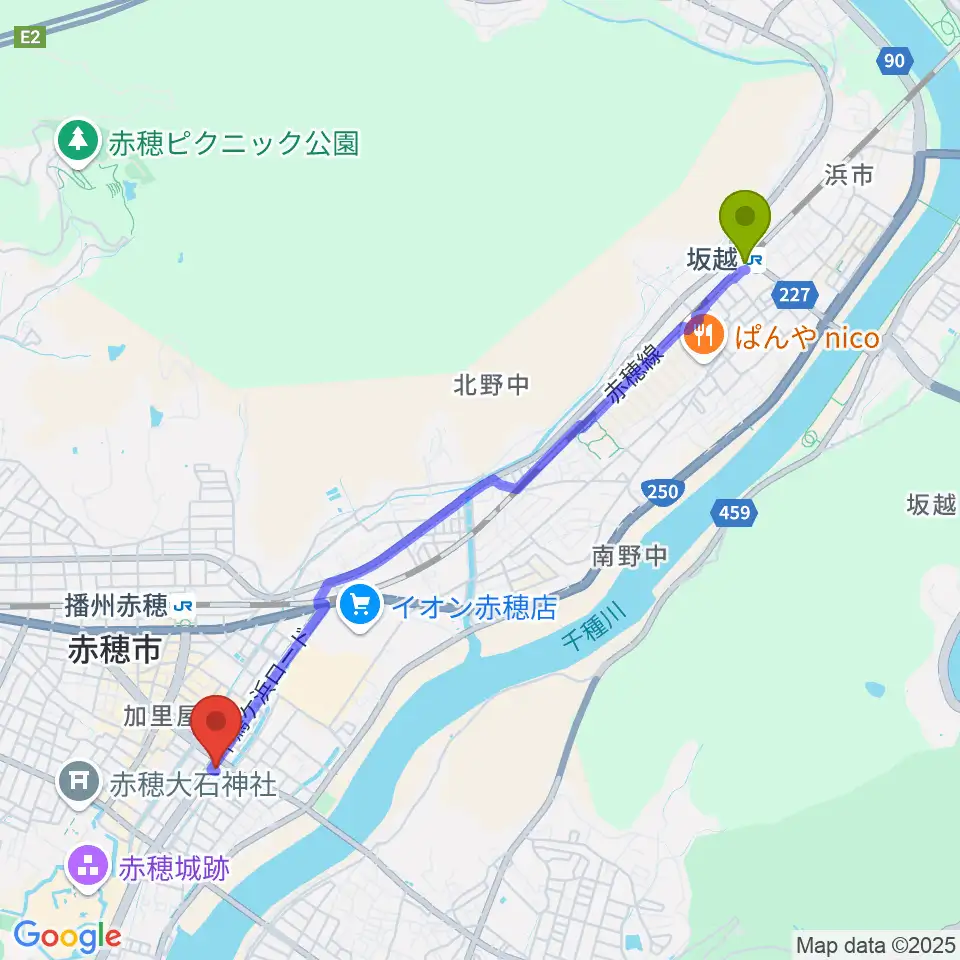 坂越駅から文化堂 赤穂センターへのルートマップ地図