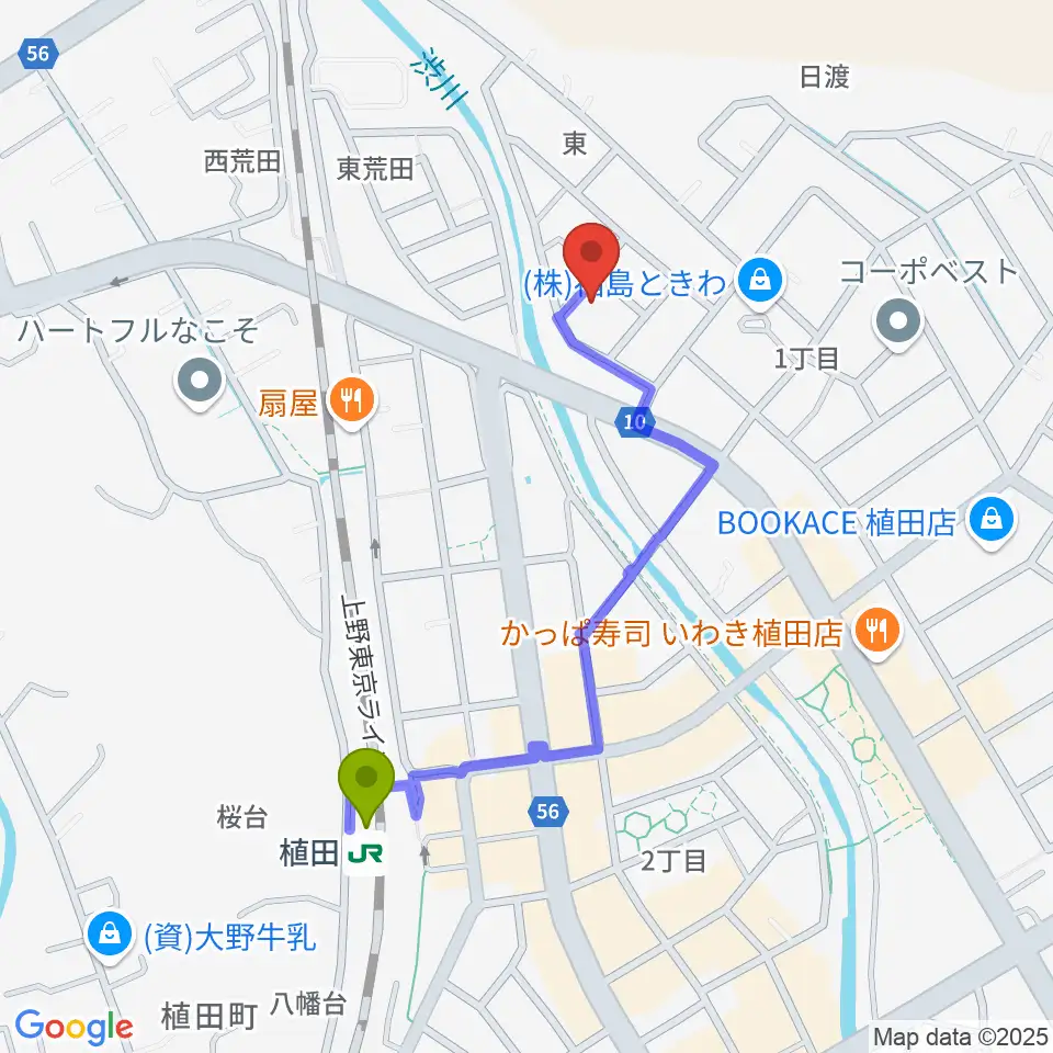 エモーション音楽教室の最寄駅植田駅からの徒歩ルート（約8分）地図