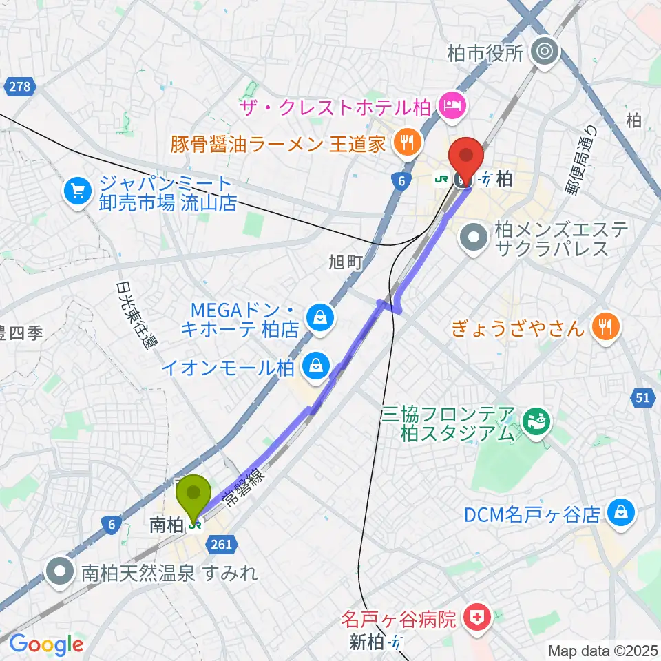 南柏駅からヤマノミュージックセンター柏駅前へのルートマップ地図