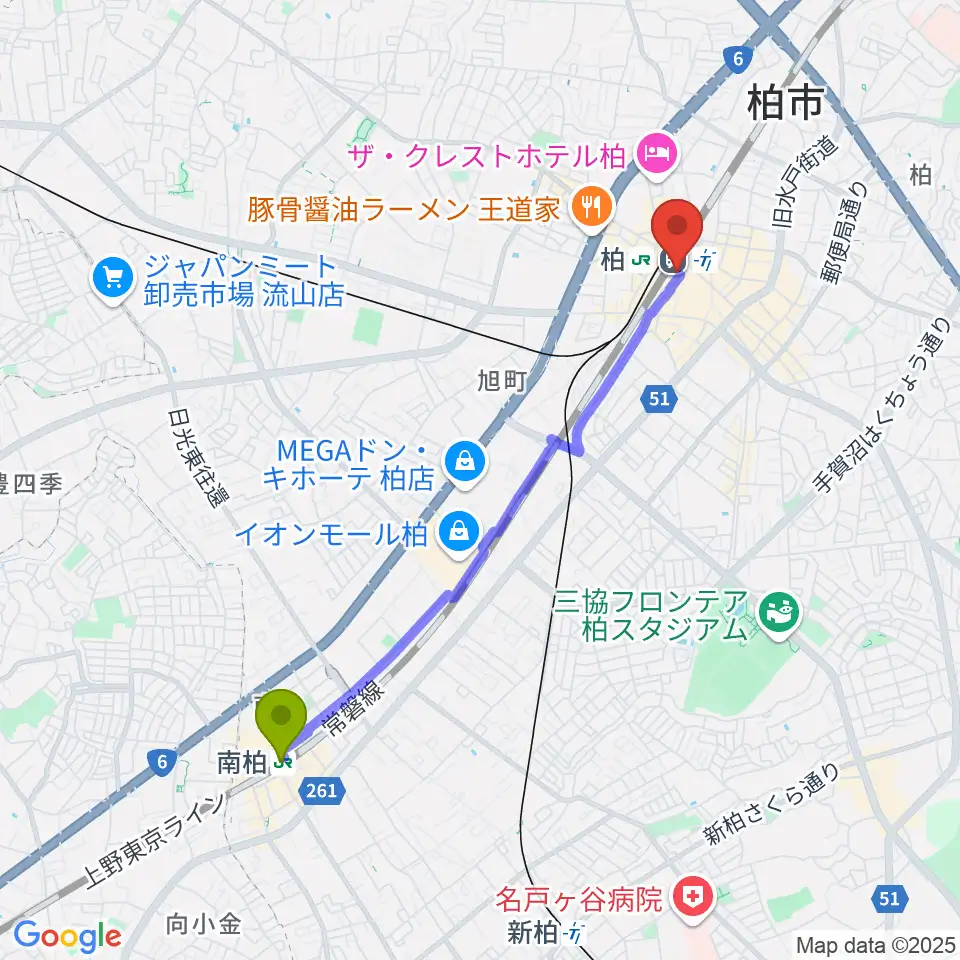 南柏駅からヤマノミュージックセンター柏駅前へのルートマップ地図