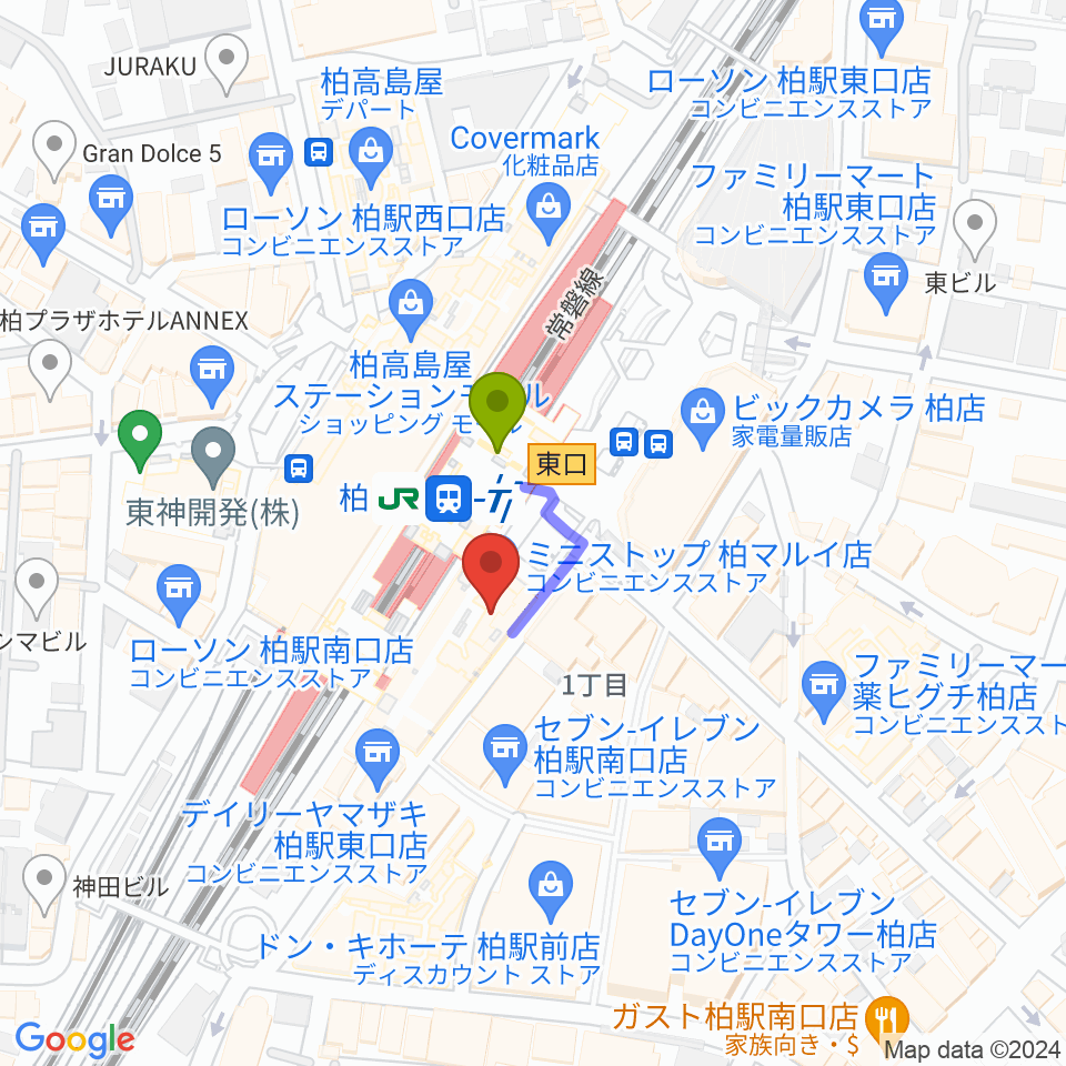 ヤマノミュージックセンター柏駅前の最寄駅柏駅からの徒歩ルート（約1分）地図