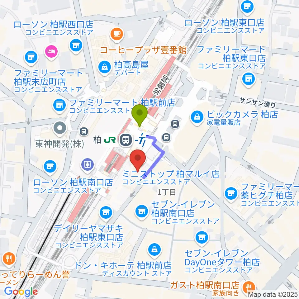 ヤマノミュージックセンター柏駅前の最寄駅柏駅からの徒歩ルート（約1分）地図