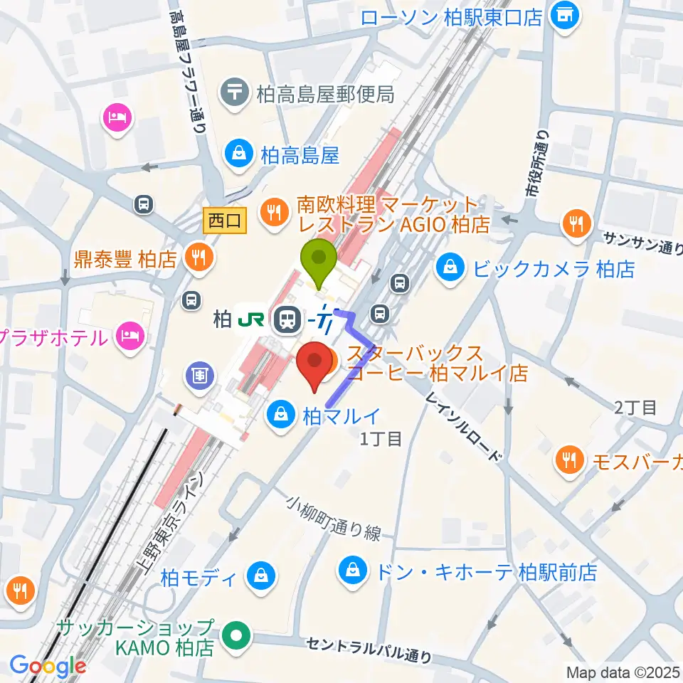 ヤマノミュージックセンター柏駅前の最寄駅柏駅からの徒歩ルート（約1分）地図