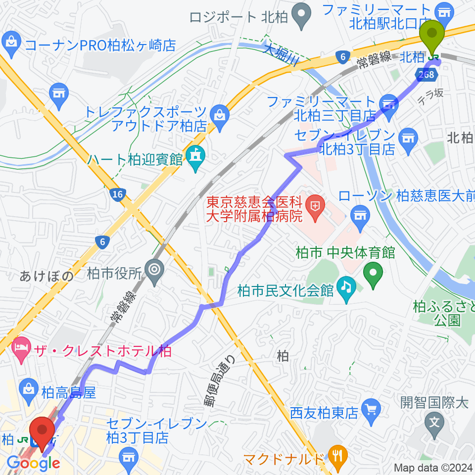 北柏駅からヤマノミュージックセンター柏駅前へのルートマップ地図