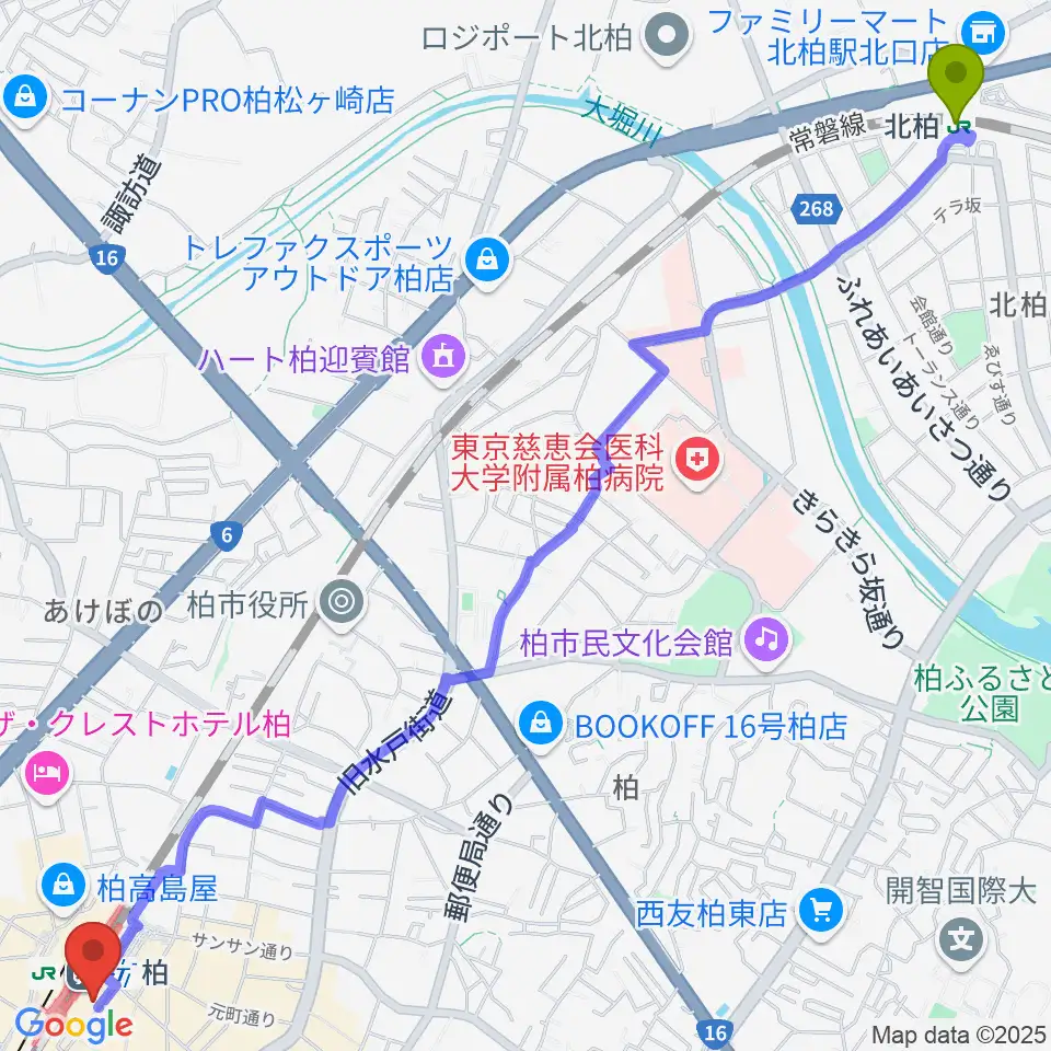 北柏駅からヤマノミュージックセンター柏駅前へのルートマップ地図