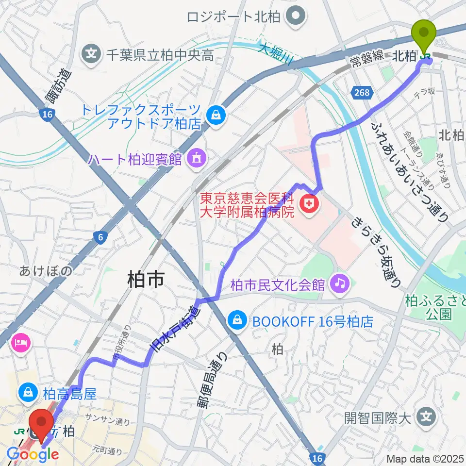 北柏駅からヤマノミュージックセンター柏駅前へのルートマップ地図