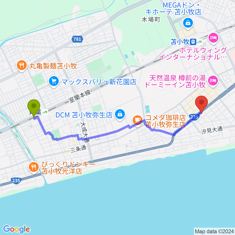 青葉駅からエルム楽器 苫小牧支店へのルートマップ地図