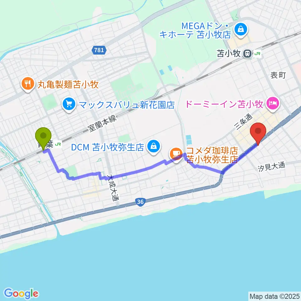 青葉駅からエルム楽器 苫小牧支店へのルートマップ地図