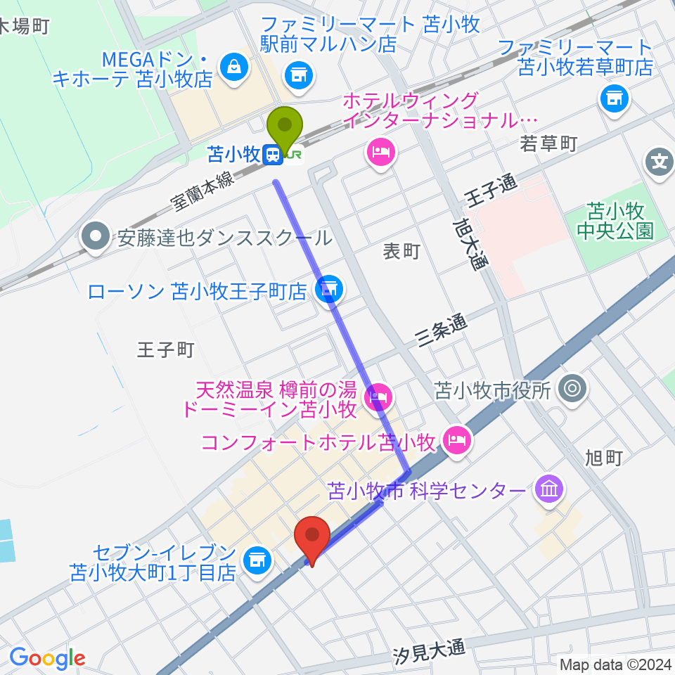 エルム楽器 苫小牧支店の最寄駅苫小牧駅からの徒歩ルート（約17分）地図