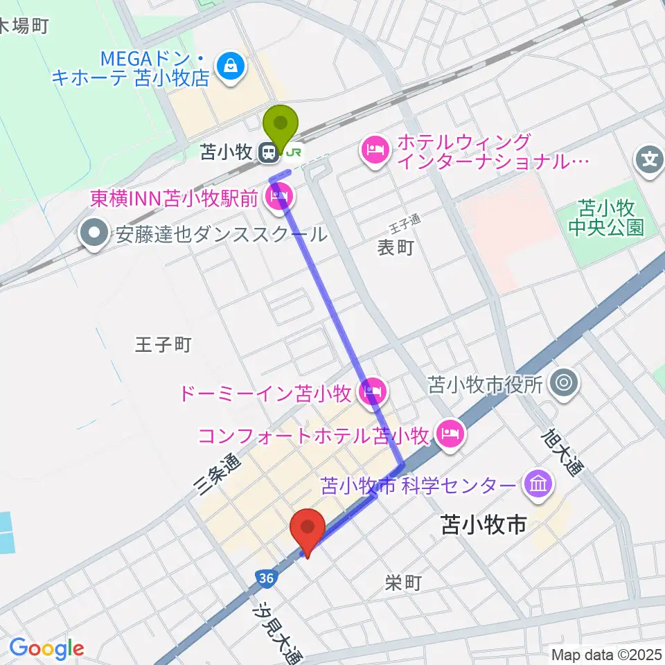エルム楽器 苫小牧支店の最寄駅苫小牧駅からの徒歩ルート（約17分）地図