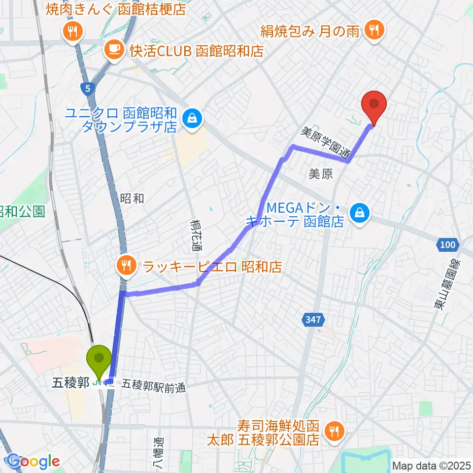 ヤマハミュージック 函館店の最寄駅五稜郭駅からの徒歩ルート（約45分）地図