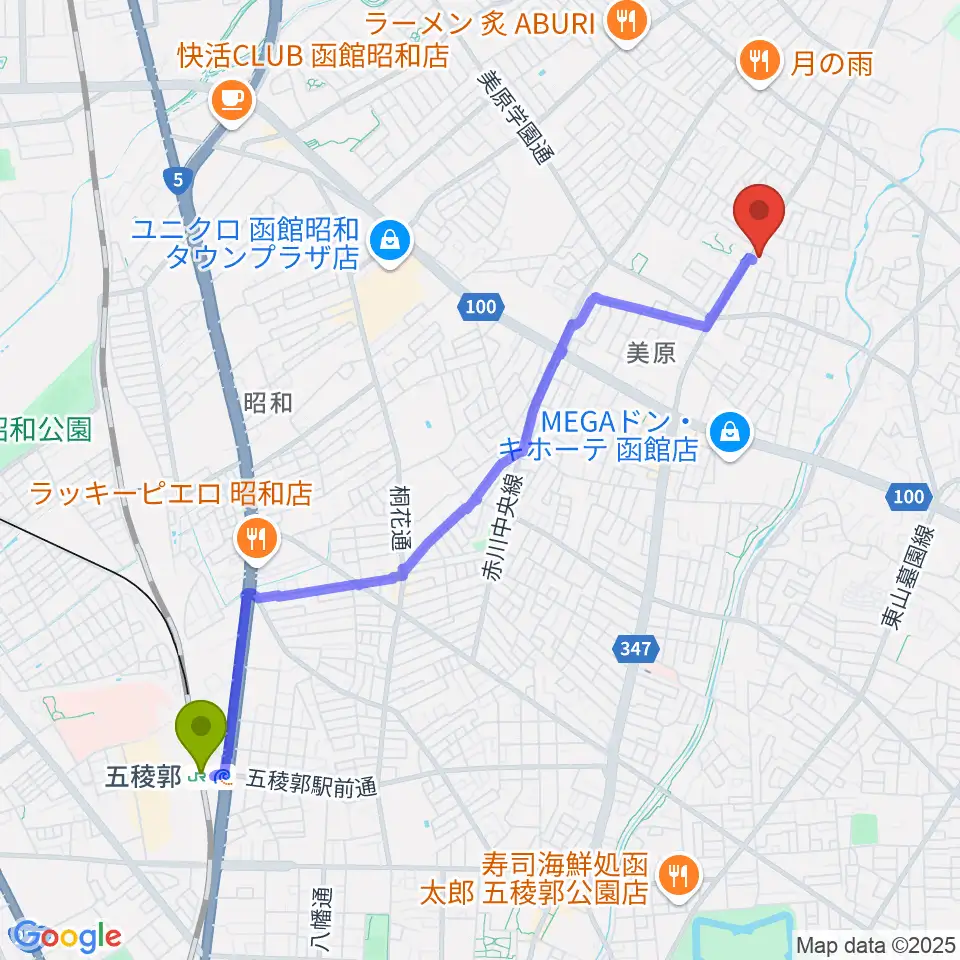 ヤマハミュージック 函館店の最寄駅五稜郭駅からの徒歩ルート（約45分）地図