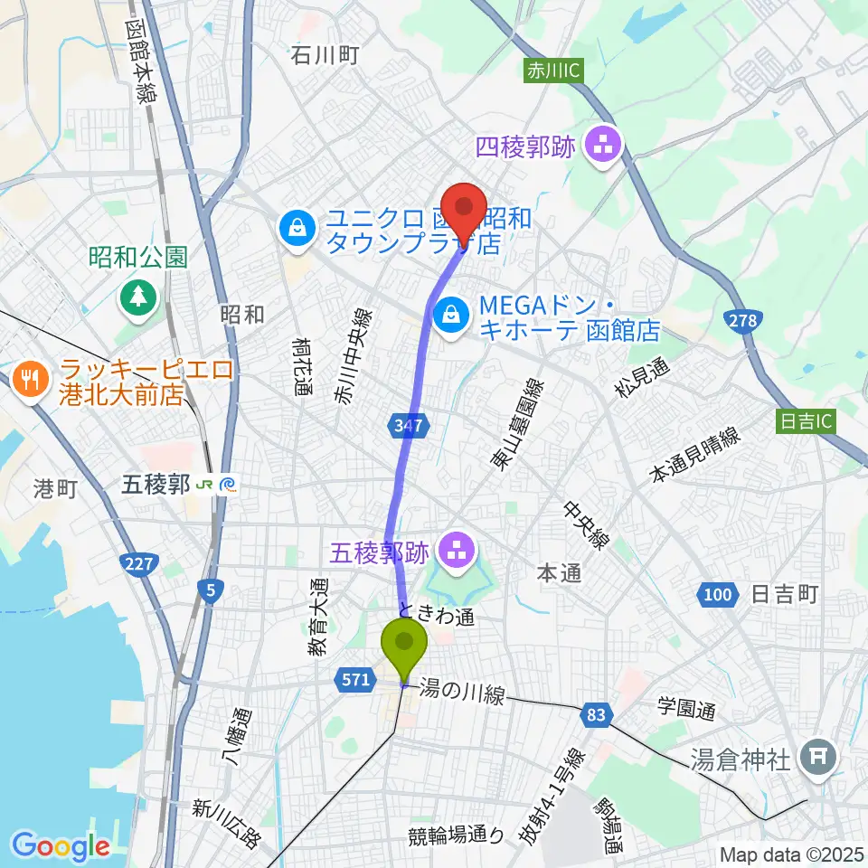 五稜郭公園前駅からヤマハミュージック 函館店へのルートマップ地図