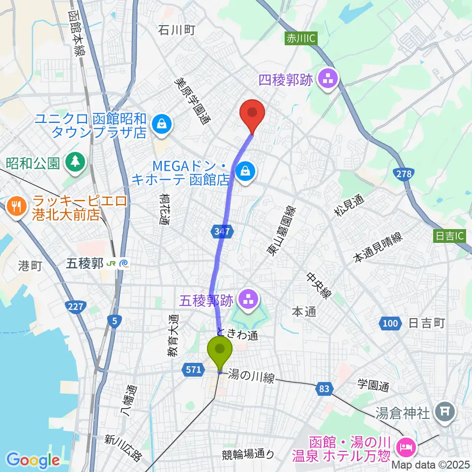 五稜郭公園前駅からヤマハミュージック 函館店へのルートマップ地図