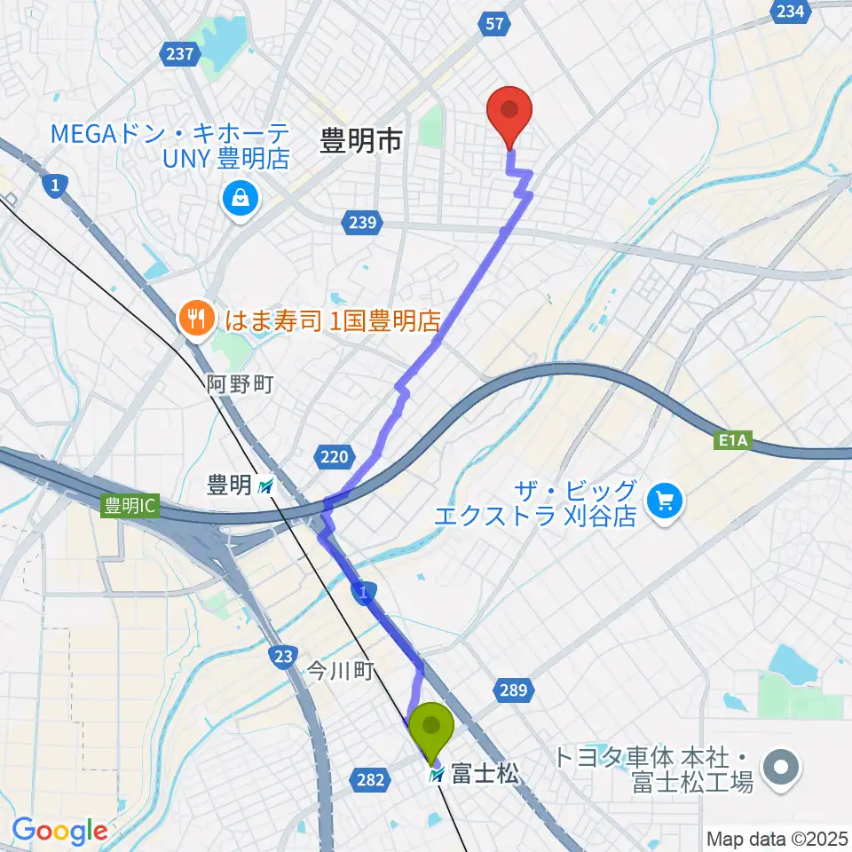富士松駅からミズノ弦楽器へのルートマップ地図