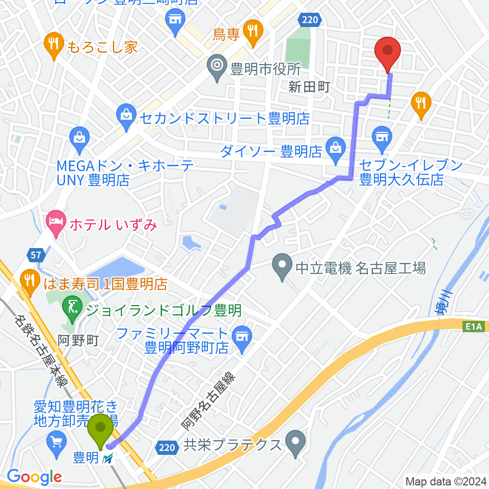 ミズノ弦楽器の最寄駅豊明駅からの徒歩ルート（約30分）地図