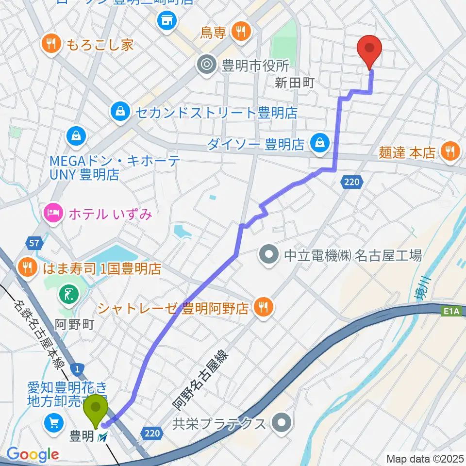 ミズノ弦楽器の最寄駅豊明駅からの徒歩ルート（約30分）地図