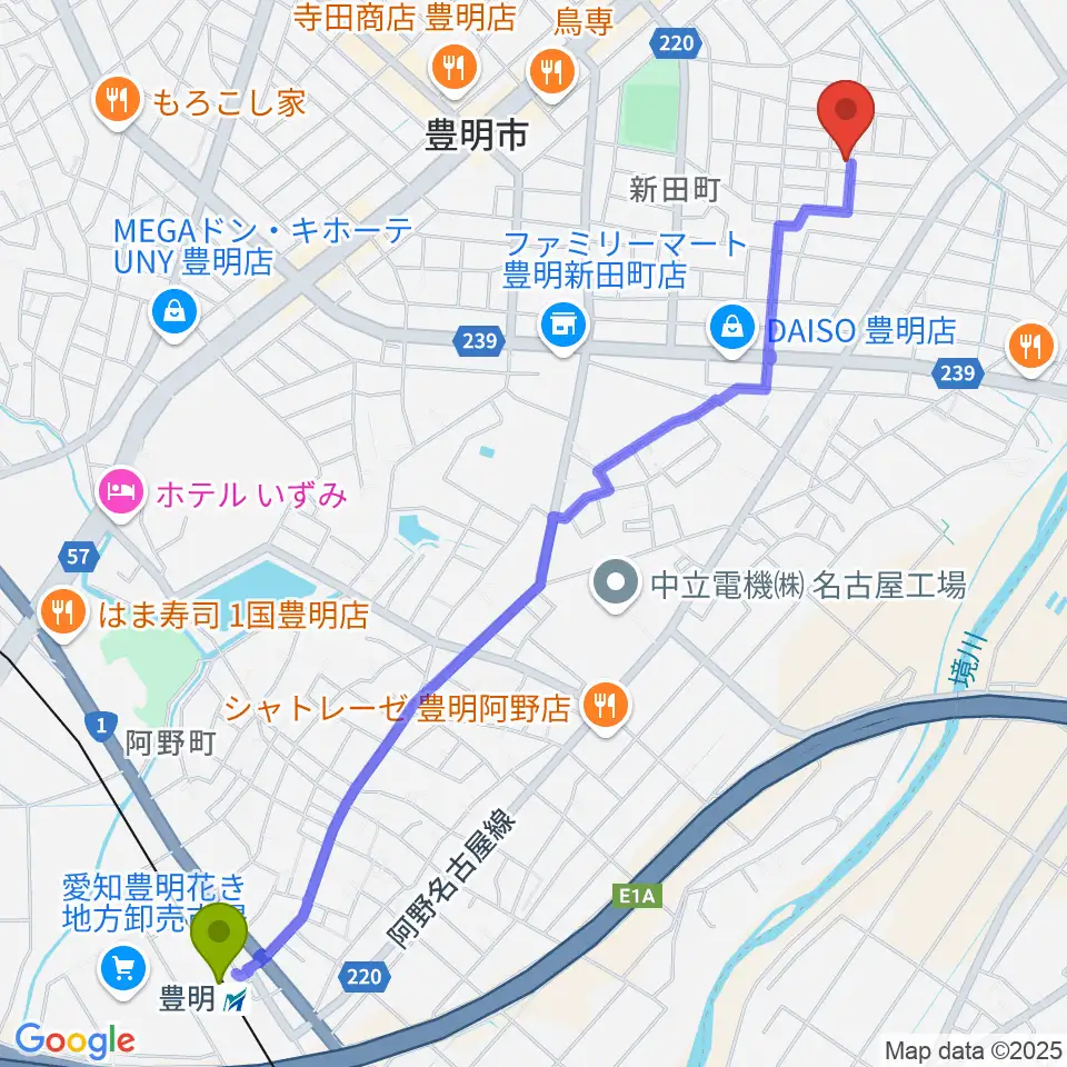 ミズノ弦楽器の最寄駅豊明駅からの徒歩ルート（約30分）地図