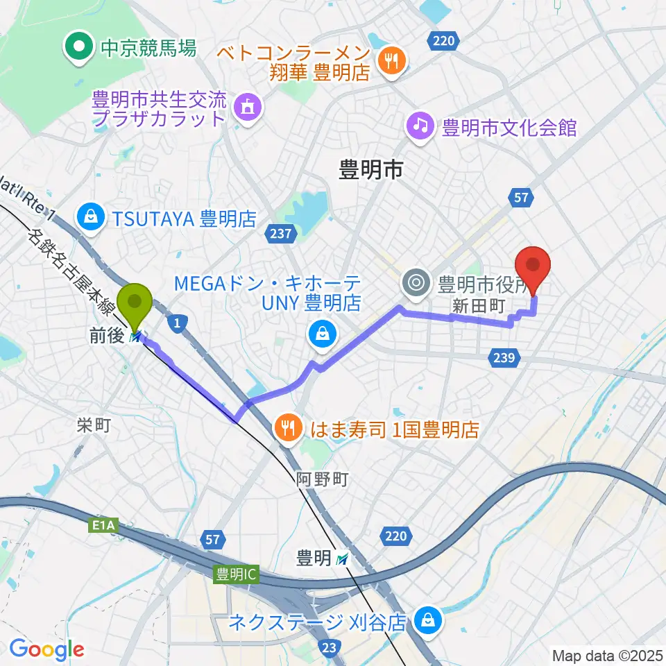 前後駅からミズノ弦楽器へのルートマップ地図