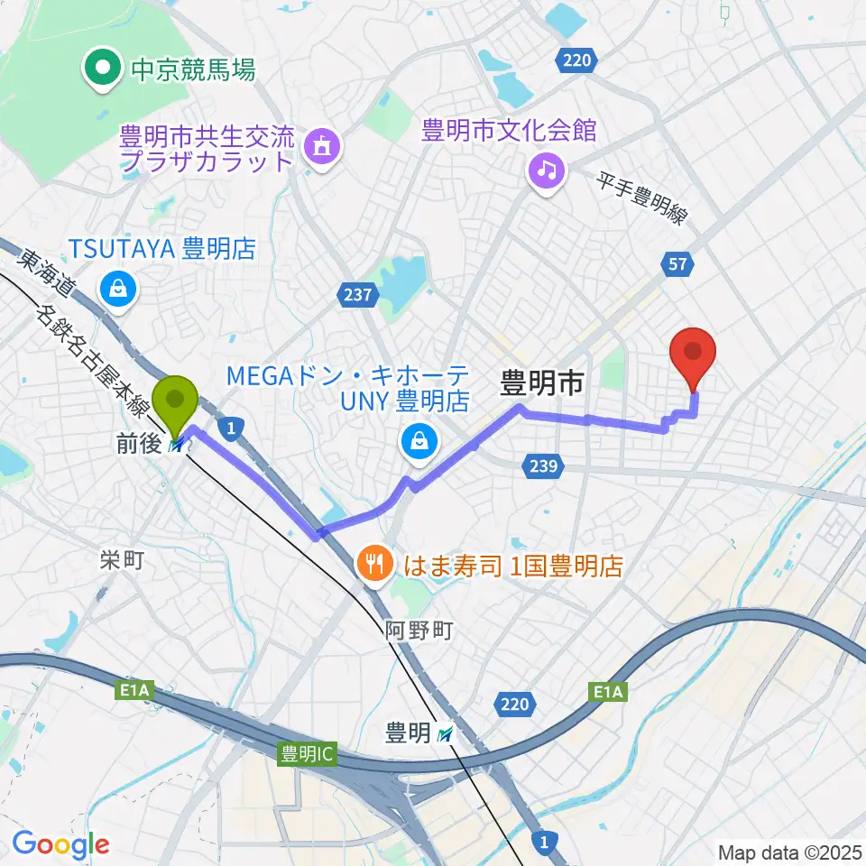 前後駅からミズノ弦楽器へのルートマップ地図