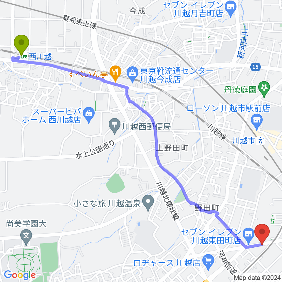 西川越駅から川越DEPARTUREへのルートマップ地図