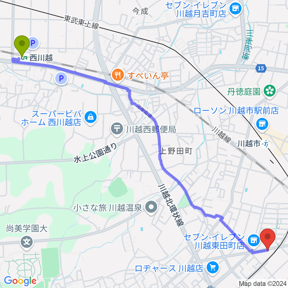 西川越駅から川越DEPARTUREへのルートマップ地図