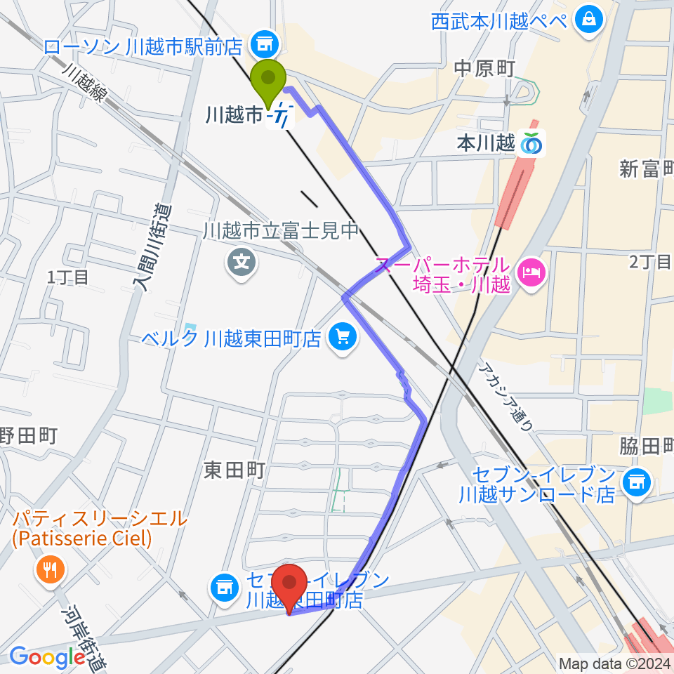 川越DEPARTUREの最寄駅川越市駅からの徒歩ルート（約12分）地図