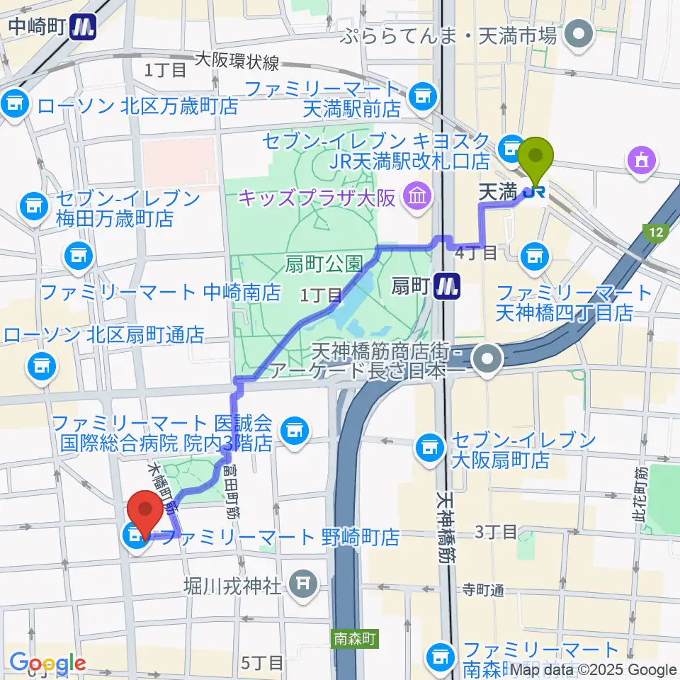 天満駅から梅田ALWAYSへのルートマップ地図