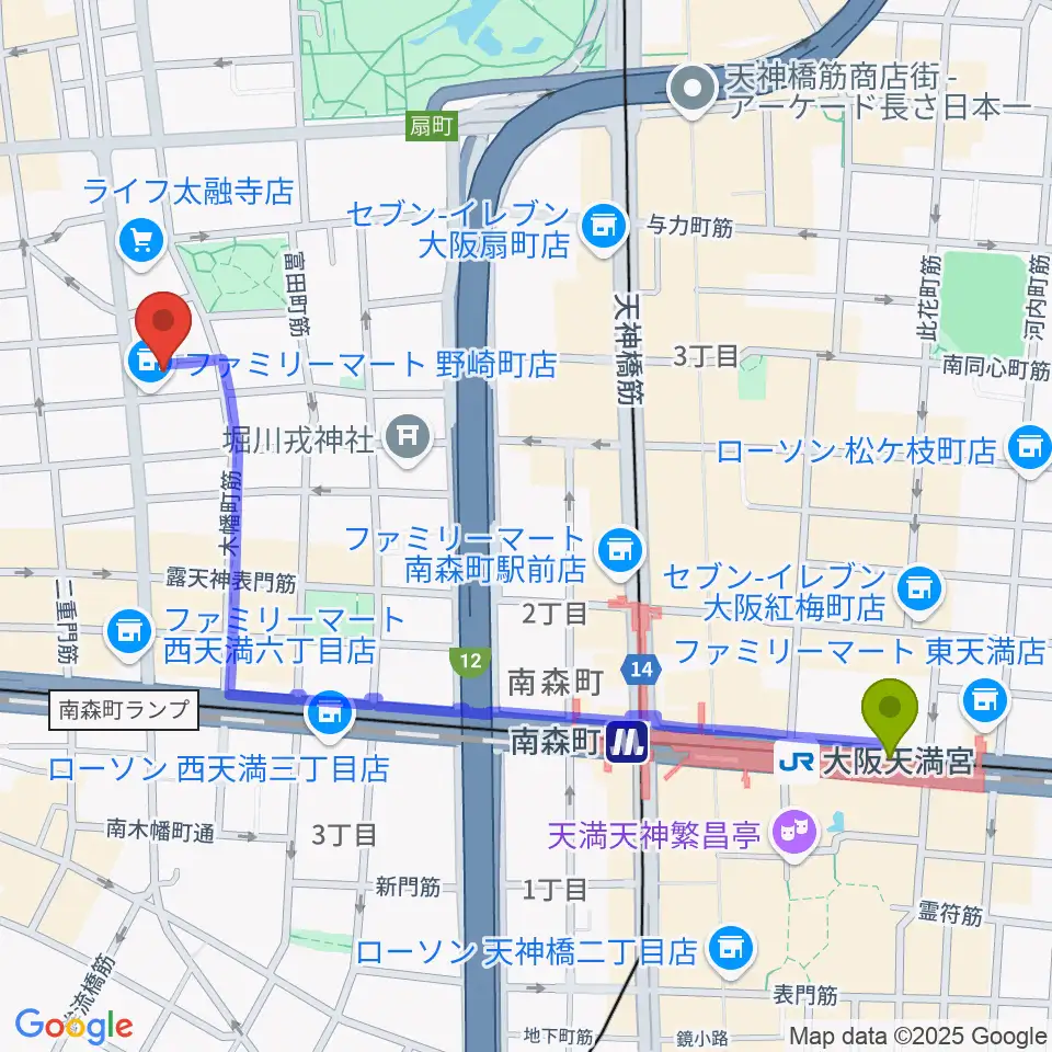 大阪天満宮駅から梅田ALWAYSへのルートマップ地図