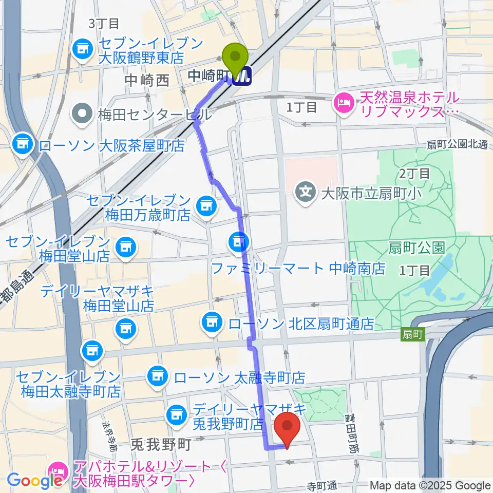 梅田ALWAYSの最寄駅中崎町駅からの徒歩ルート（約12分）地図