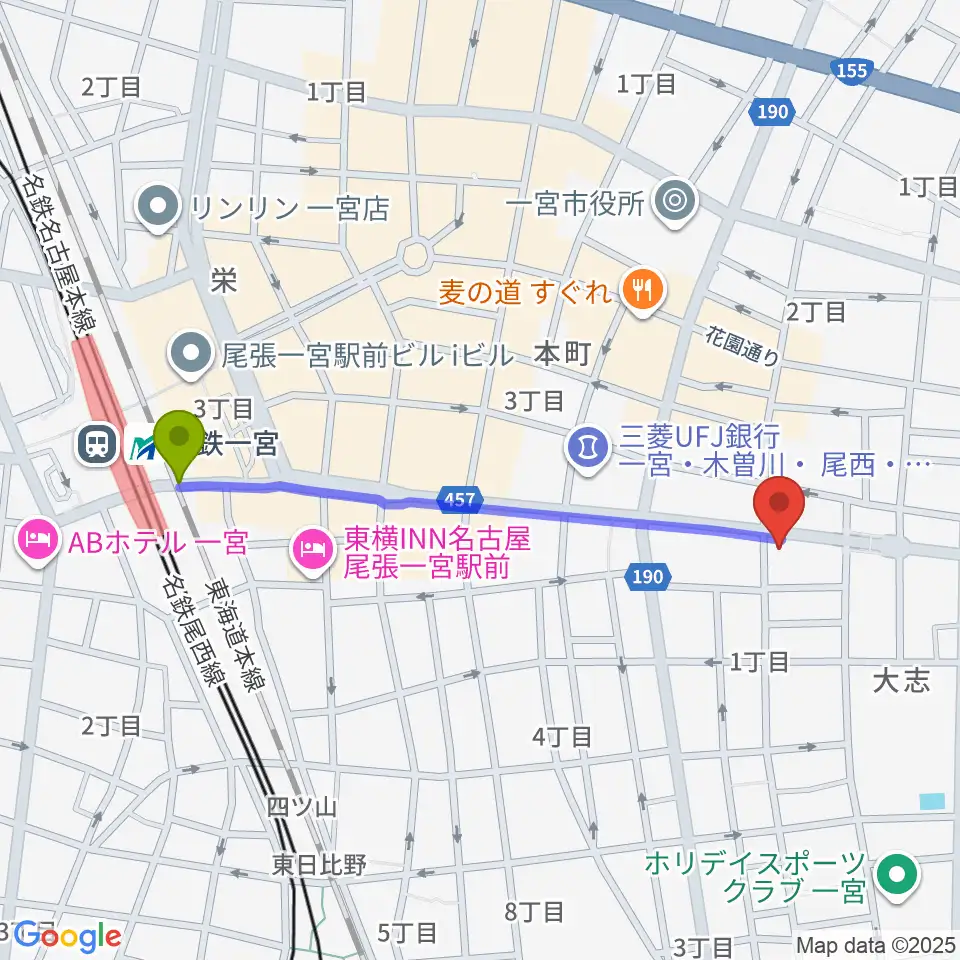ミュージックポケットの最寄駅尾張一宮駅からの徒歩ルート（約10分）地図