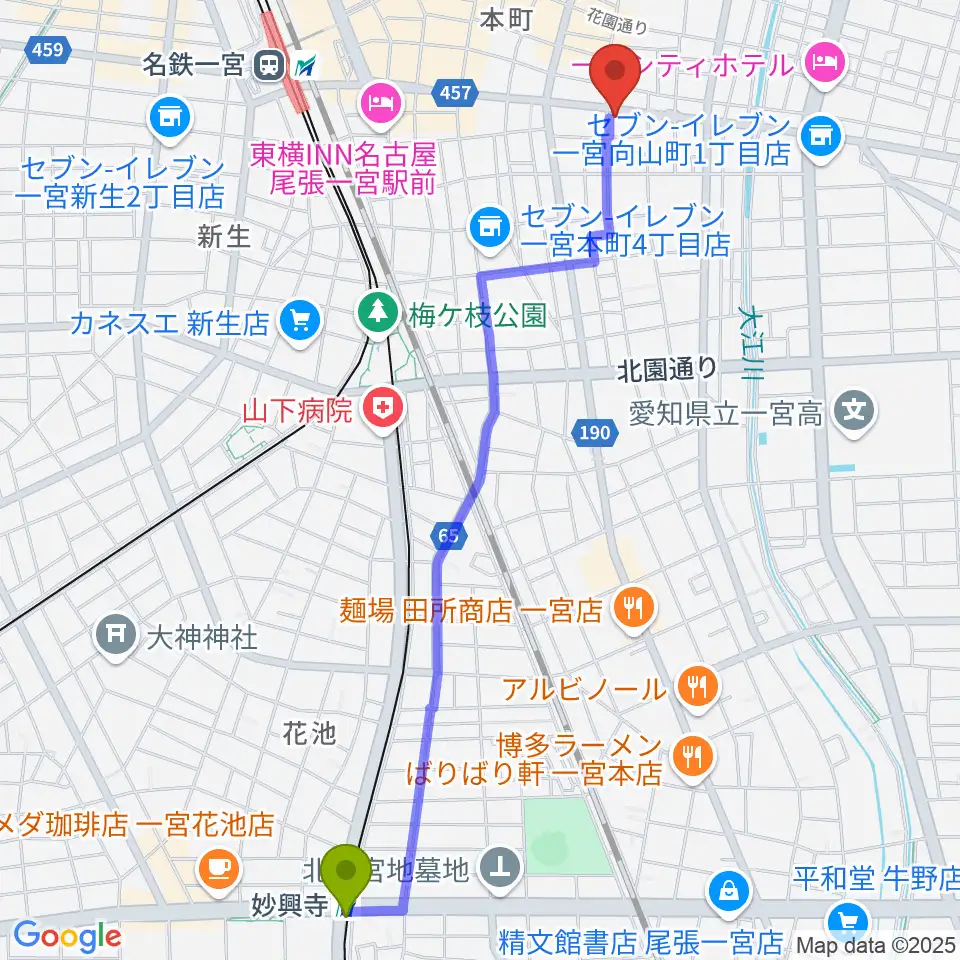 妙興寺駅から尾張一宮ミュージックポケットへのルートマップ地図