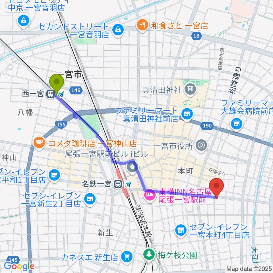 西一宮駅から尾張一宮ミュージックポケットへのルートマップ地図