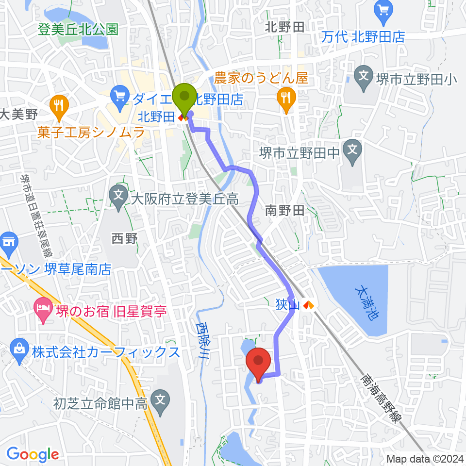 北野田駅から大人のピアノ教室 みかんぴあのへのルートマップ地図