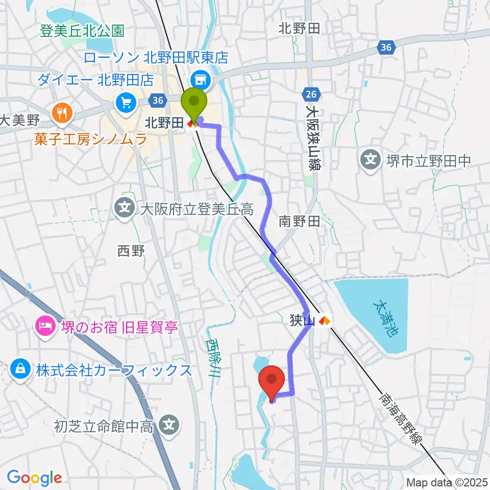 北野田駅から大人のピアノ教室 みかんぴあのへのルートマップ地図