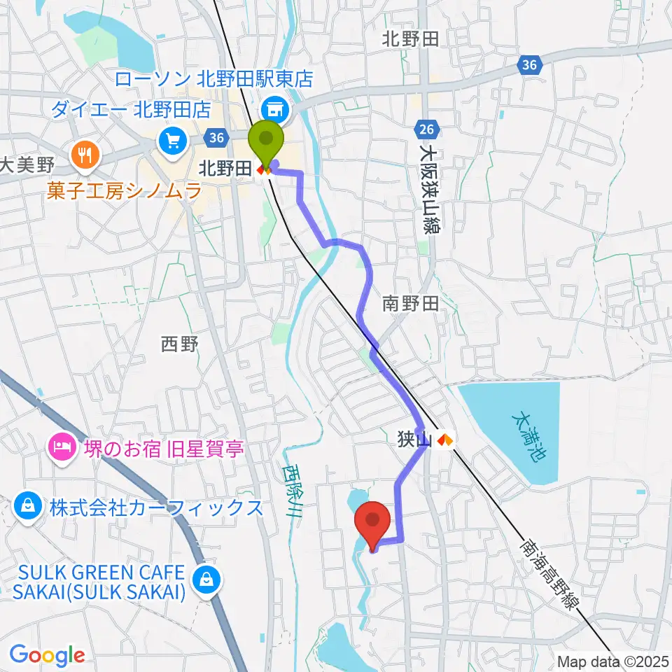 北野田駅から大人のピアノ教室 みかんぴあのへのルートマップ地図