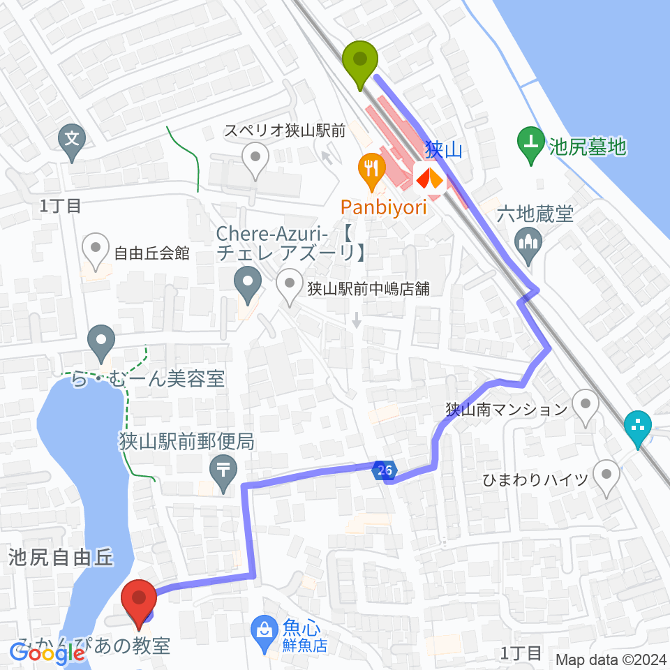 大人のピアノ教室 みかんぴあのの最寄駅狭山駅からの徒歩ルート（約7分）地図
