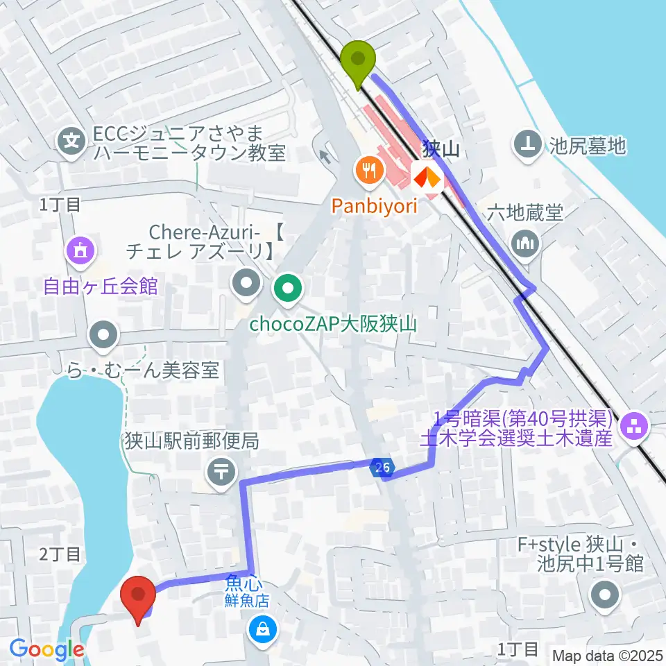 大人のピアノ教室 みかんぴあのの最寄駅狭山駅からの徒歩ルート（約7分）地図