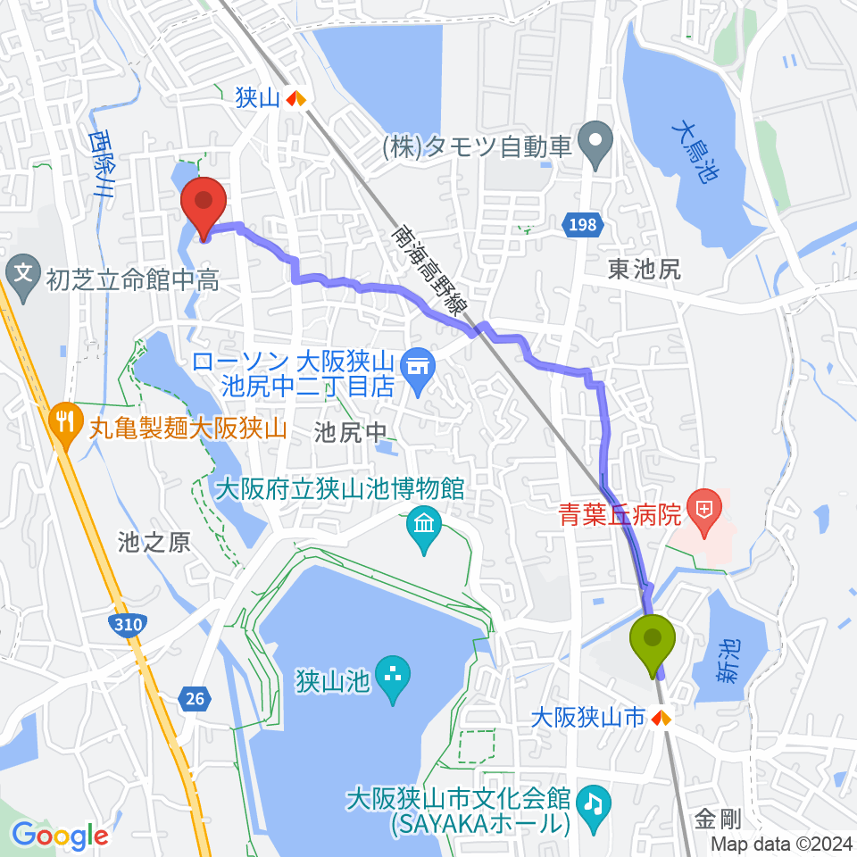 大阪狭山市駅から大人のピアノ教室 みかんぴあのへのルートマップ地図