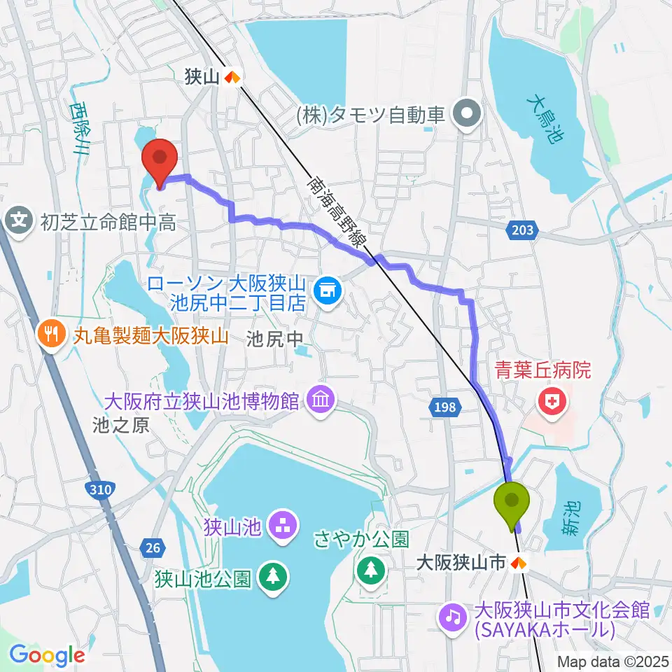 大阪狭山市駅から大人のピアノ教室 みかんぴあのへのルートマップ地図